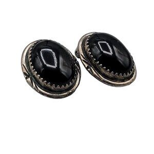 Mexican Sterling Onyx Clip On Earrings Vintage 925 Silver Black Cabochon Gems